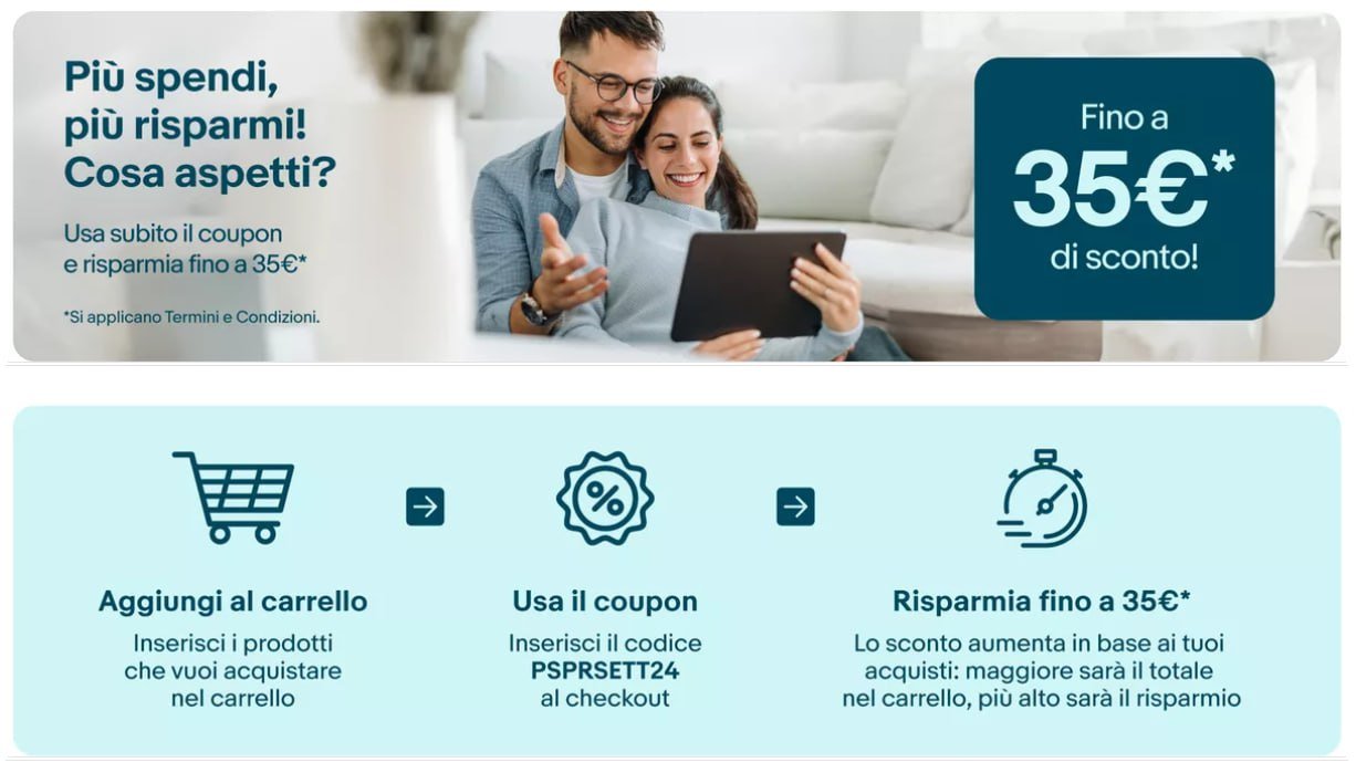 eBay: Con il codice PSPRSETT24 più spendi, più risparmi!