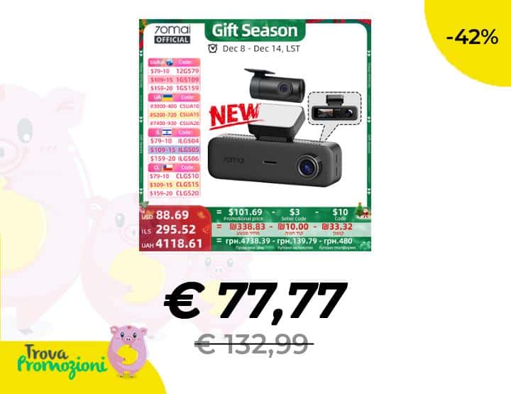 70mai T800E Dashcam 3 Canali in Offerta: 4K + Visione Notturna + GPS a 77€ con Doppio Coupon su AliExpress per Natale