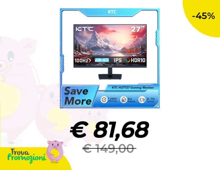 KTC H27T27 Monitor 27″ QHD 100Hz in Offerta Natale: IPS, HDR10 e 1ms a 81€ su AliExpress
