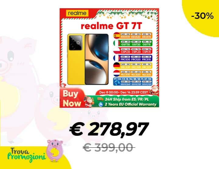Realme GT 7T in Offerta Natale: Batteria 7000mAh, Ricarica 120W e Dimensity 8400 a soli 278€ su AliExpress
