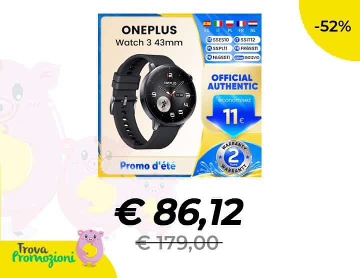 OnePlus Watch 3 da 43mm a metà prezzo: 86€ con coupon su AliExpress